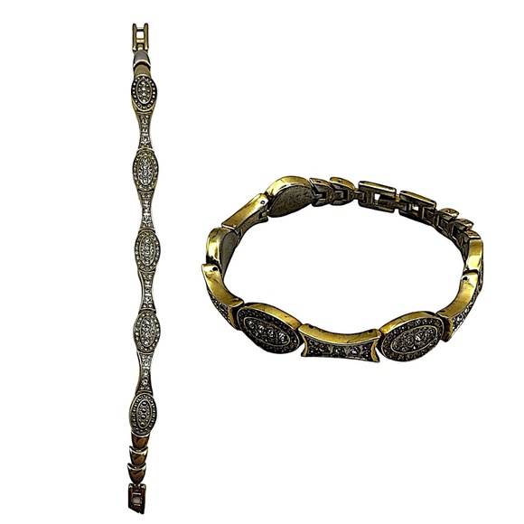 Gold-tone Oval Link Bracelet 7” Clear Pave-set Stones - Picture 2 of 6